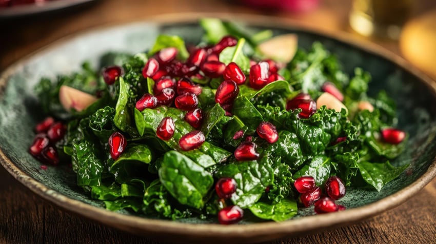 Ensalada de espinacas con granada y vinagreta Oro del Desierto