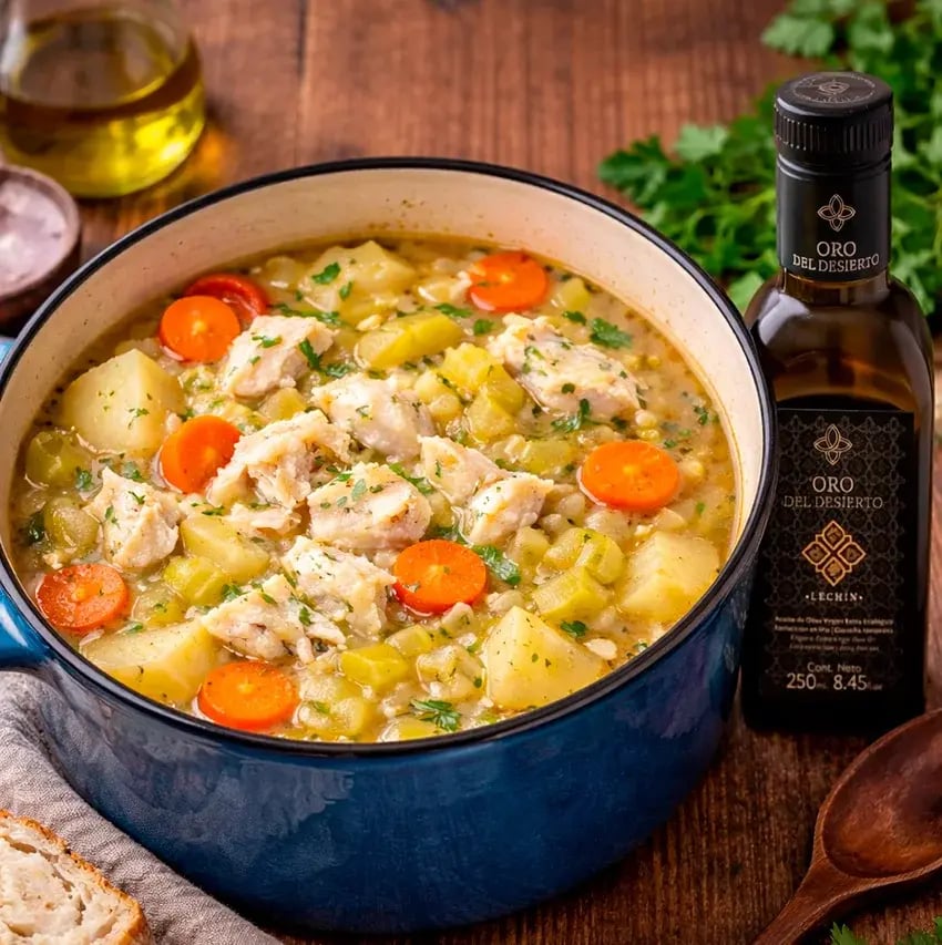 Receta porrusalda de bacalao y AOVE Oro del Desierto